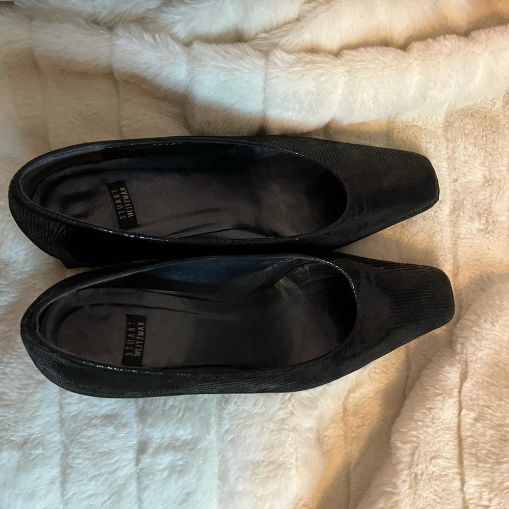Stuart Weitzman 8.5B Black Faux Snakeskin Texture Block Heel Square Toe Pumps - Picture 6 of 12